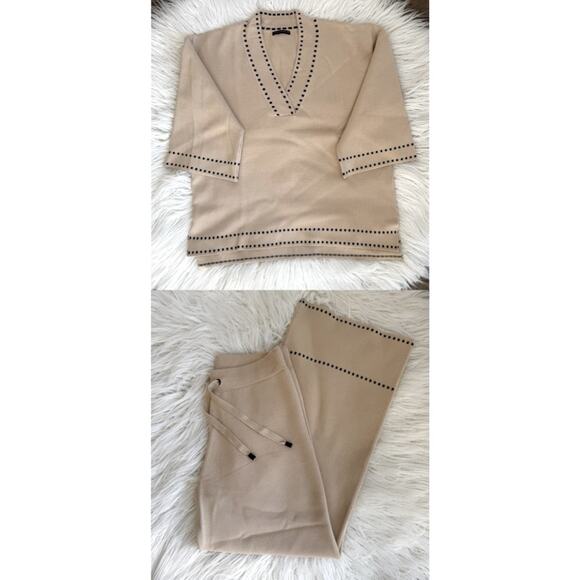 SKATIE BRAND DOLBY COORDINATING KNIT SWEATER SET BEIGE BLACK ACCENTS SMALL - Picture 1 of 10